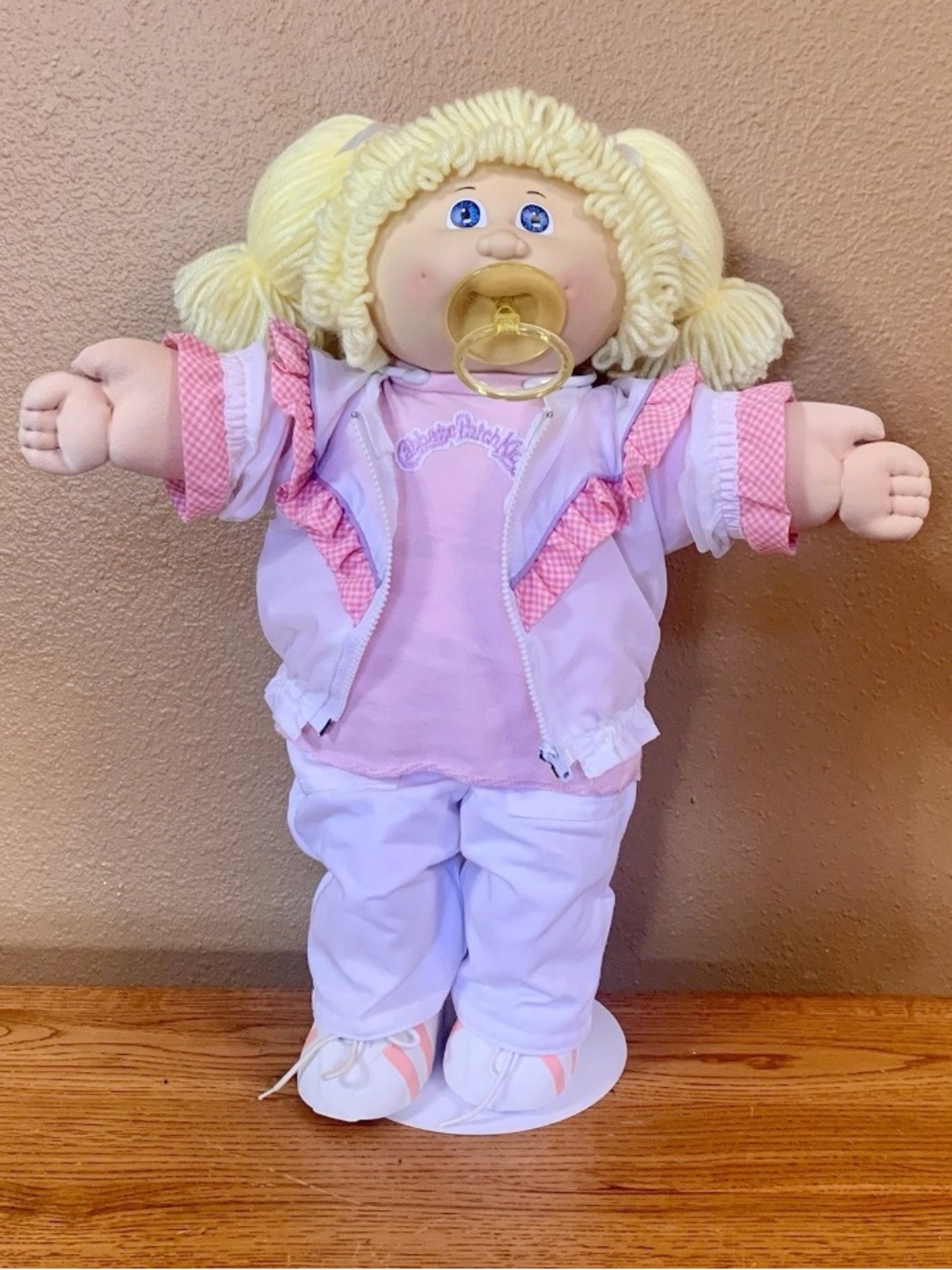 Vintage Cabbage Patch Kids Doll W Pacifier In HTF Pink Ruffled Windbreaker